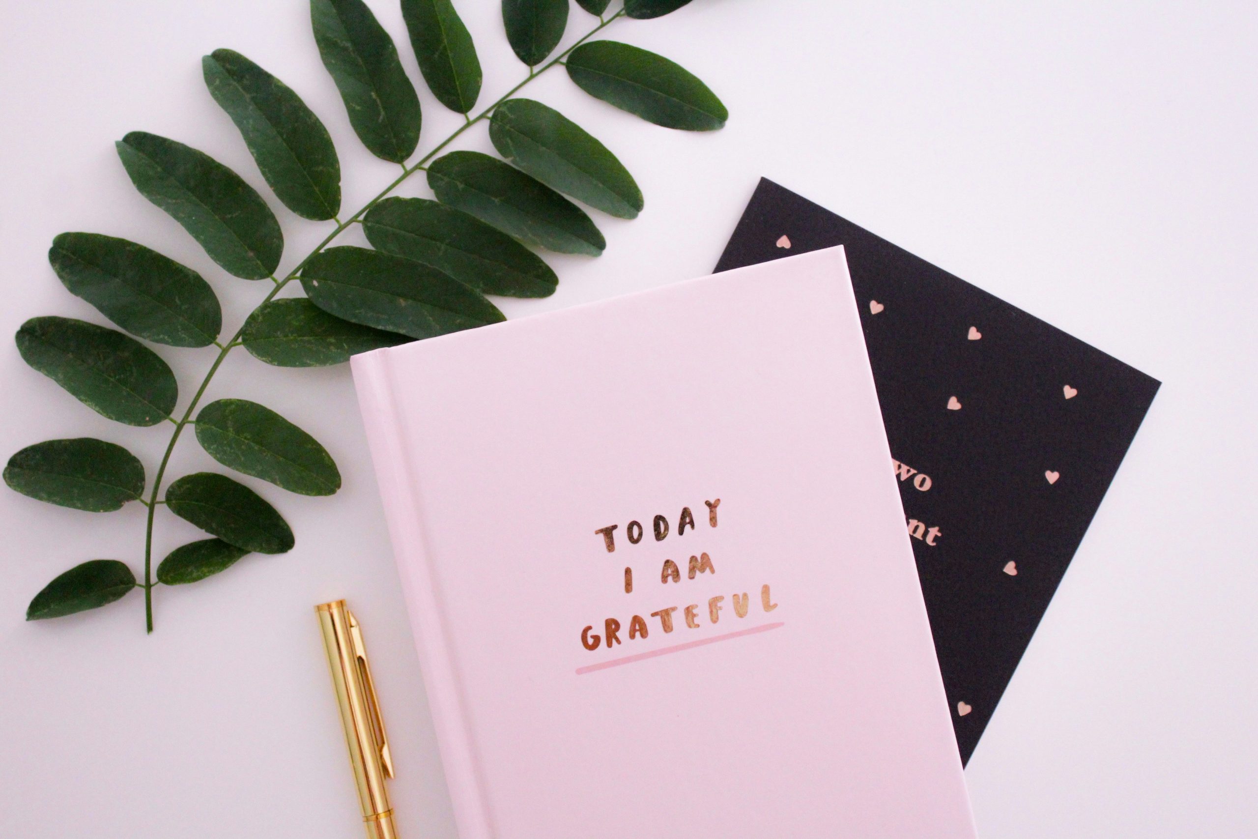 A diary and pen with the phrase "Today I am grateful" written on the diary, symbolizing the importance of gratitude during perimenopause.