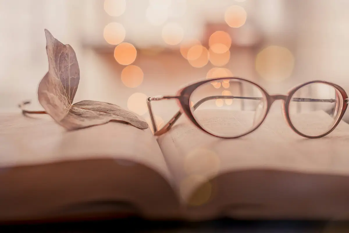 A journal and pair of glasses, symbolising the personal journey of perimenopause, with a focus on self-reflection and wellness.